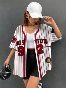 SHEIN EZwear 休闲运动街头风字母撞色条纹英文印花短袖衬衫，纽扣开襟，适合通勤、上学、日常休闲、旅行、运动、节日聚会等各种场合，四季皆宜。 - 彩色 - 查看 4