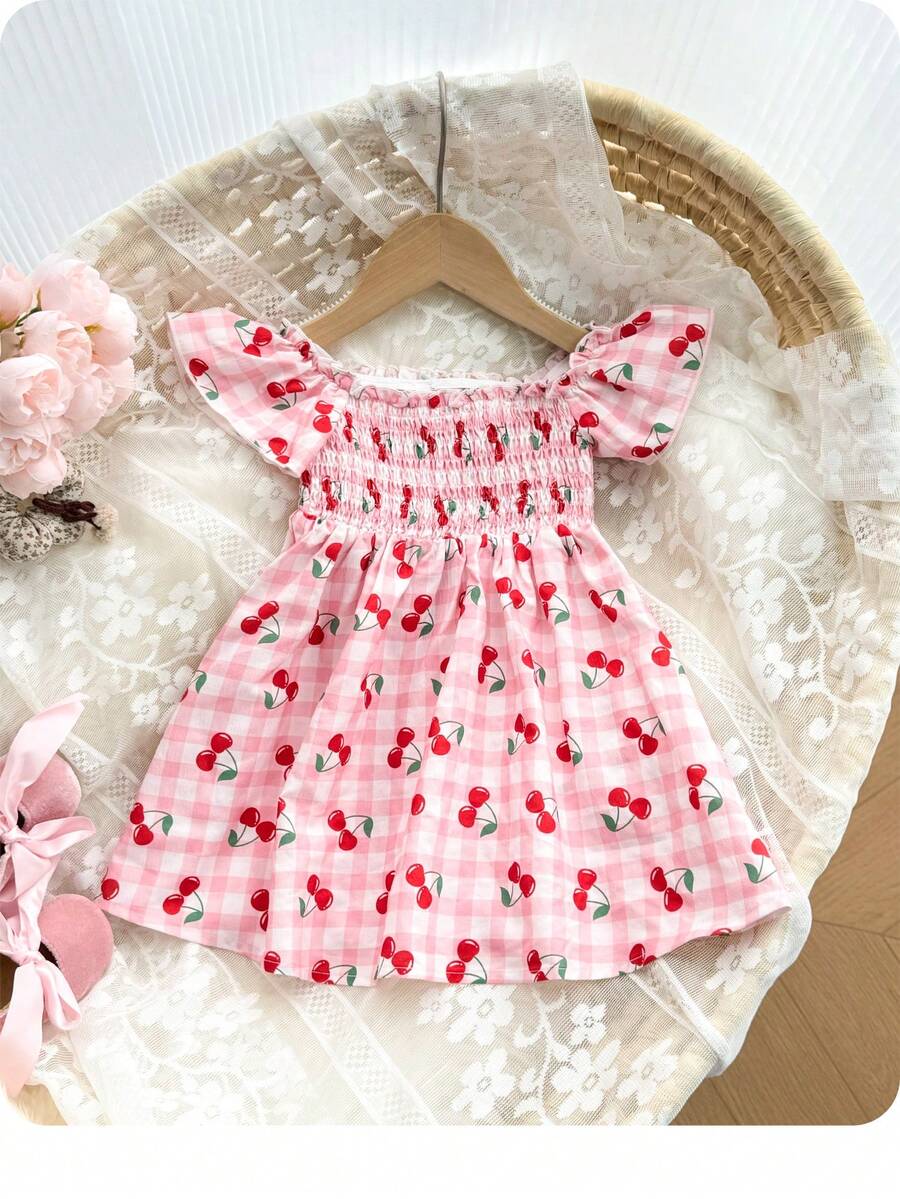 女婴可爱休闲粉色格子樱桃图案背带裙 - 粉色 - 查看 1