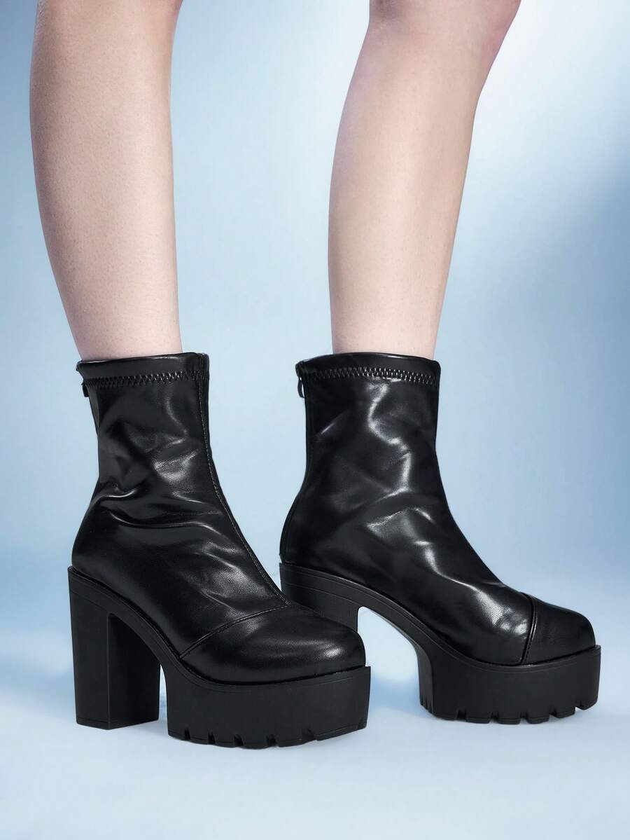 Sugerpunk Women's Thick Sole Zipper Design Casual High Heel Ankle Boots For Daily Wear