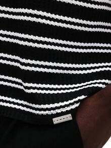 SUMWON Oversized Crew Neck Short Sleeve Horizontal Striped Knit Casual Summer Relaxed Fit Tee Shirt - Black - View 2