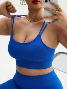 Rhythm Era Plus Size Women Seamless Criss-Cross Back Sports Bra, Fashionable Solid Color - Royal Blue - View 6