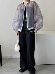 FRIFUL Women's Round Neck Sheer Petal Sleeve Loose Casual Jacket - Grey - View 3