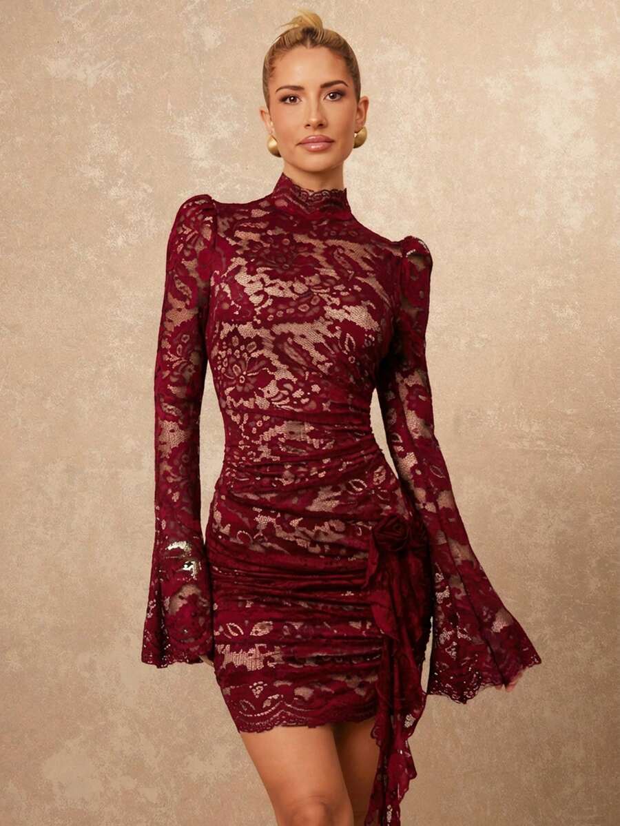 Lumalex Women's High Collar Lace Padded Shoulder Flare Sleeve Cinched Waist Ruched Flounce Hem Mini Dress ,Spring Dresses For Women,Elegant Dress - Burgundy - View 1