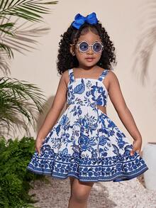 SHEIN Gaun Anak Perempuan Motif Tropis Bercorak Biru dengan Detail Pita dan Lubang-lubang Kecil - Biru - View 2