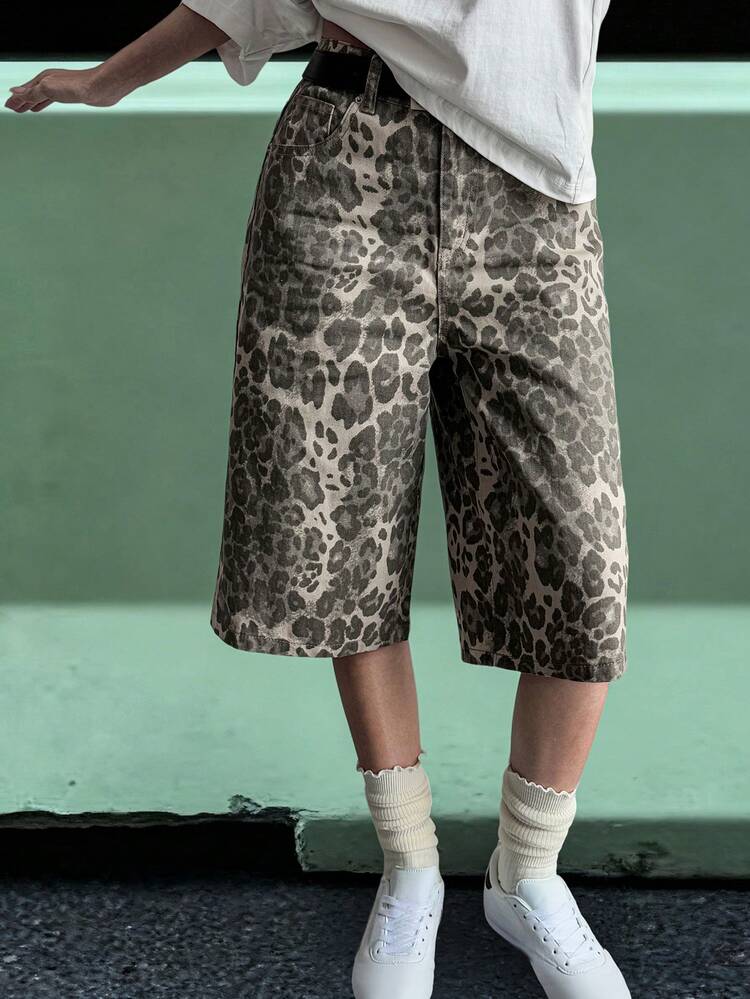 Women's Loose Fit Casual Vintage Leopard Print Jeans, Versatile For Autumn, Winter, Summer, Christmas