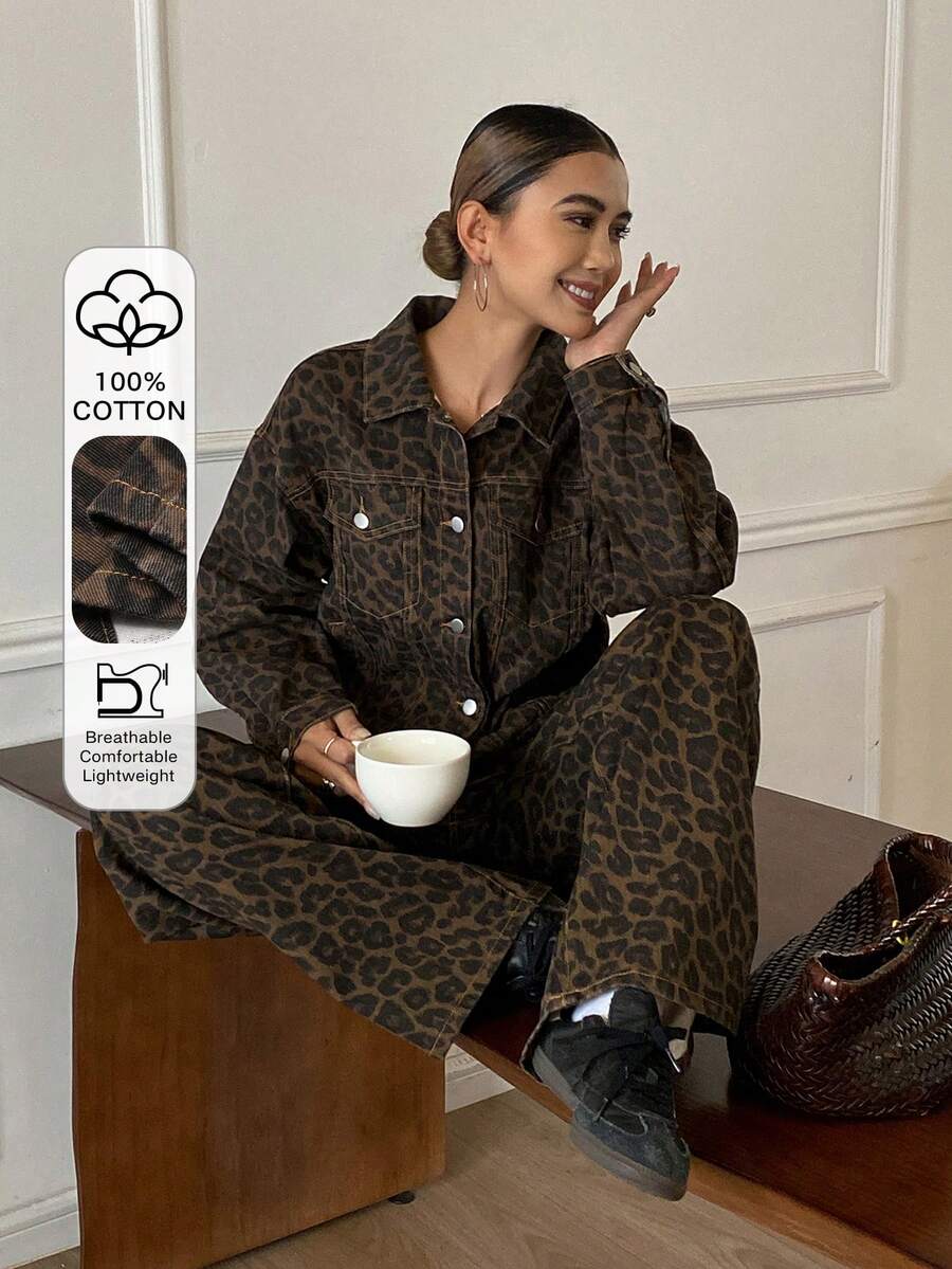 DAZY 豹纹宽松休闲时尚街头风女式牛仔两件套，适合秋季、春季、夏季穿着 - 棕色 - 查看 1