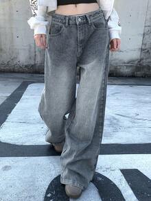 DAZY 女士口袋纽扣休闲百搭通勤宽松牛仔阔腿裤 - 藍色 - 查看 3