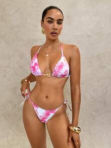 Glamine SHEIN Glamour 女士夏季沙滩印花露背系带性感比基尼套装，含罩衫和裙子 - 粉色 - 查看 6