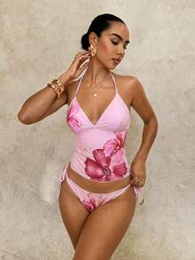 Swim Glamine 两件套花卉印花黄色格子比基尼套装，休闲度假沙滩派对泳装，春夏款 - 淺粉色 - 查看 1