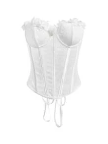 SHEIN White Strapless Lace Corset Top With Flower Details Vintage Style Regular Length For Women - White - View 6
