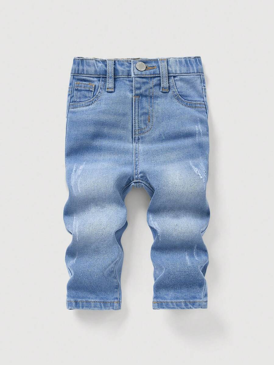 SHEIN Pantalones vaqueros de mezclilla lavada versátiles y casuales para uso diario y transporte para bebé niño - Lavado ligero - Ver 1