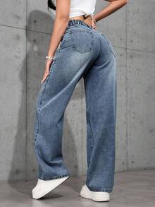 SHEIN 千禧少女休闲浅色水洗高腰宽松直筒牛仔裤，男友风牛仔裤，适合万圣节、秋季、圣诞节、秋季、秋冬季返校季穿着，街头复古风，舒适百搭，适合13-16岁女孩，适合上学、居家和旅行穿着。 - 深色水洗藍 - 查看 2