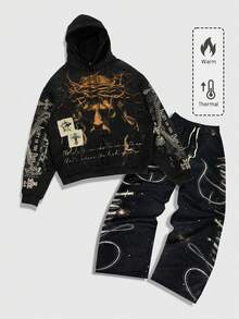 ROMWE MEN Street Life 男士连帽卫衣和裤子两件套，秋冬 - 黑色 - 查看 6