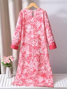 Tween Girls' V-Neck Floral Print Casual Loose Vacation Dress, Long Sleeve - Multicolor - View 2