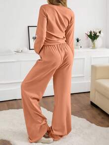 EURMUSE Women 2pcs Rib Knit With Round Neck Long Sleeve Top&Pants Homewear Comfort Lounge Set - Orange - View 2