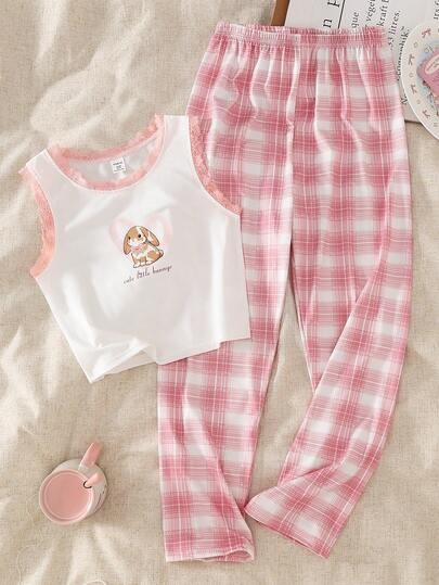 Tween Girl Unicorn & Plaid Print Contrast Binding Tank Top & Pants PJ Set