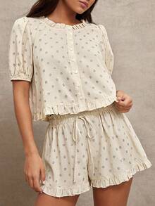 WESTFADE Conjunto a juego de blusa con mangas abullonadas y botones delanteros a cuadros y shorts sueltos con volantes y lazo delantero - Marrón - Ver 3
