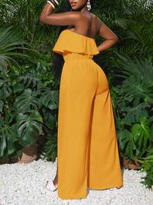 Slaydiva Nuevo mono informal de vacaciones con abertura alta y sin tirantes, color blanco - Amarillo - Ver 2