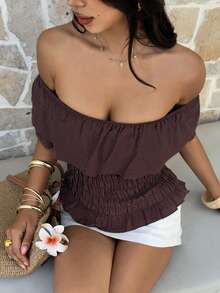 Livesso Brown Ruffled Off-Shoulder Vacation Blouse For Women Summer - Coffee Brown - View 1