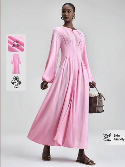 Ontre 2026SS Women's Loose Fit Linen Blend Comfortable Breathable Fabric Dress, Raglan Sleeves, Round Neck, Cinched Waist, A-Line Silhouette, Modest Urban Chic Business Casual Office Wear, High-Quality Airport, Cruise, Wedding Guest Attire, Elegant, Versatile, All Season Modern Urban Casual Fashion Business Casual Women's Office Wear Low-Key Old Money Style Effortless Temperament High-End Urban Commuting High-Quality Airport Women's Wear High-End Material Bohemian Style Vacation Wear Boho