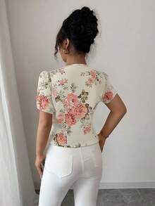 Rafferiza 女士优雅印花前开襟纽扣荷叶边袖修身衬衫，夏季 - 彩色 - 查看 2