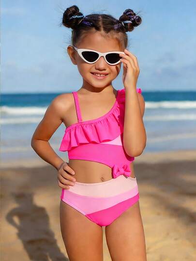 SHEIN Traje de baño de una pieza con volantes y bloques de color para niña, ideal para vacaciones de verano en la playa