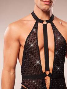 FeverCity 男士性感透视格子网眼水钻装饰镂空露背吊带连体衣