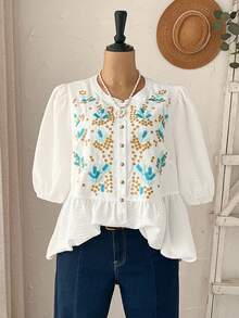 Rusticease 大码花卉刺绣休闲度假衬衫，适合夏季/花卉图案夏季上衣，适合夏季、春季和春季，女士春季乡村风格 - 彩色 - 查看 7