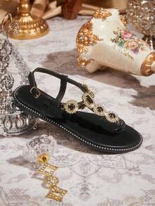 CUCCOO TILAWA Women's Vacation Beach Casual Fashion Rhinestone Flat Sandals - Black - View 6