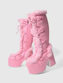 ROMWE Women's Autumn/Winter New High-Value Tall Boots, Round Toe Thick Heel Super High Heel Punk Sexy Furry Boots, Thick Sole High Heel Long Boots Valentine's Day - Pink - View 5