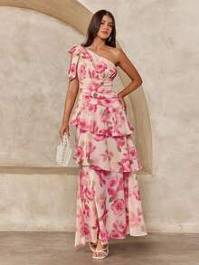 Enchnt Đầm nữ không tay in hoa, thắt nơ phía trước, xếp ly ở gấu, thanh lịch cho kỳ nghỉ. - Hồng - Xem 3