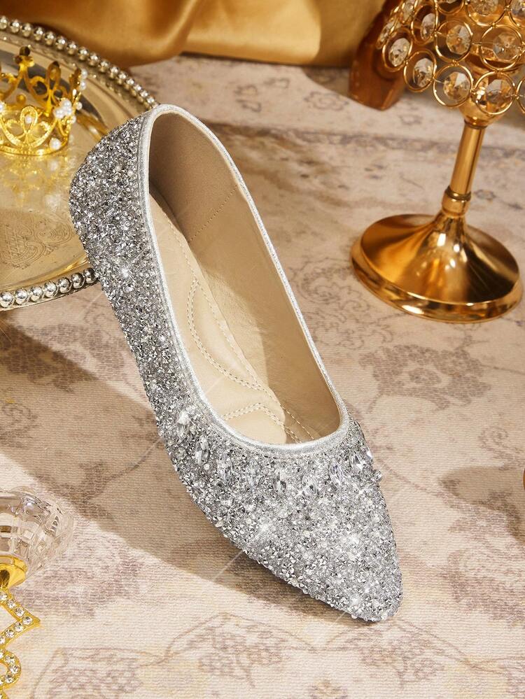 CUCCOO TILAWA Women's Fashionable Pointed Toe Flats With Rhinestones, Luxury Silver Color, Comfortable Casual Everyday Wear For Christmas Valentine's Day