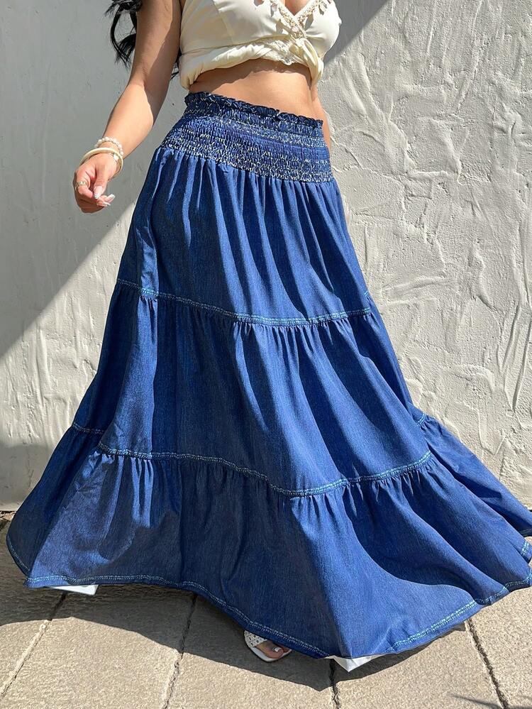 Sunnyshic Plus Size Women's Casual Elegant American Countryside Denim Effect Print Knee-Length Skirt - Blue - View 6