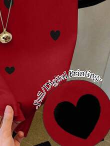 Áo thun nữ tuổi teen in hình trái tim, dáng rộng, phối màu tương phản, kẻ sọc, cổ tròn, thích hợp cho ngày Valentine hoặc kỳ nghỉ. - Nhiều màu - Xem 5