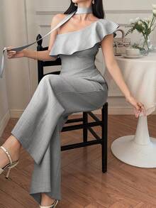 DAZY Women's Light Grey Summer Elegant Party 2 Pieces Set,Oblique Shoulder Grey Top And Straight Pants Outfit,Graceful Commuter Old Money Style Work Suit - Grey - View 5