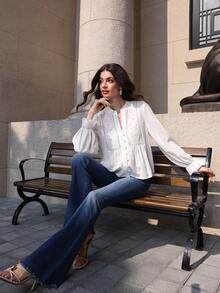 Mulvari Áo sơ mi dài tay thêu rỗng thời trang, kiểu dáng thường ngày, thích hợp cho mùa xuân/hè. - trắng - Xem 7