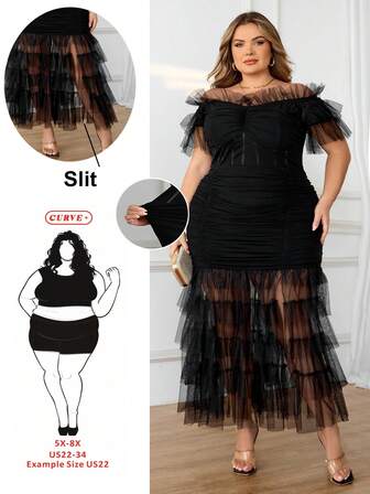 SHEIN CURVE+ 大码女式新款弹力腰带波西米亚风黑色透视露肩开衩长裙 - 适合音乐节、复活节、休闲场合、度假、邮轮旅行、海滩、日光浴、正式活动、大码黑色生日礼服、性感女神裙、黑色长裙、优雅荷叶边连衣裙、黑色透视长裙