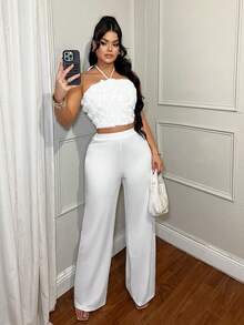 SHEIN SXY Damen Große Größen 3D Blumen Dekor Trägertop und weite Hose modisches 2-teiliges Set - Weiss - Übersicht 7