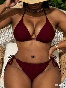 SHEIN Swim Curve Bộ bikini gợi cảm hở lưng, buộc dây cổ, màu trơn dành cho nữ cỡ lớn, thích hợp cho kỳ nghỉ hè trên bãi biển. - Màu Đỏ Sâu - Xem 6