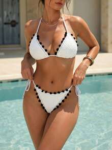 SHEIN Swim Women's Summer Beach Halter Halter Sexy Bikini Set, 2-Piece - Black and White - View 1