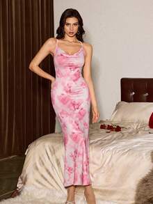 Slumberist Women's Sexy Backless Tie Strap Draped Neck Printed Mermaid Nightgown Sexy Dresses For Women Pink Floral Dress Valentine's Day Rose Nightgown - Pink - View 2