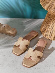 SHUZIA Sandales plates en raphia pour femmes, polyvalentes pour l'été - Kaki - Voir 7