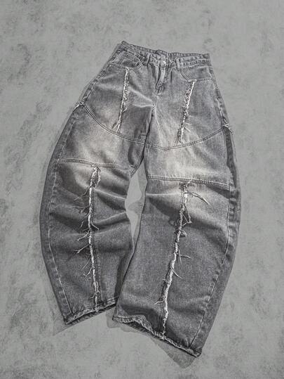 Manfinity ZONE917 男士休闲水洗磨边下摆斜口袋宽松牛仔裤，纯色宽牛仔裤长款宽松酸洗工装牛仔裤，适合送给老公、男朋友的礼物