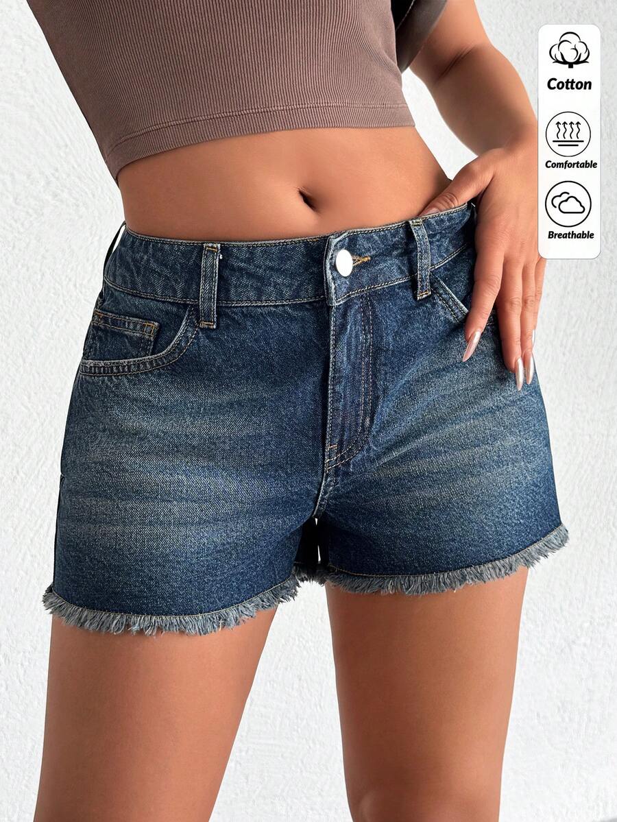 EURMUSE Shorts di jeans casual lavati da donna con tasche inclinate e orlo sfrangiato, adatti per l'estate - Blu lavato medio - Visualizzare 1