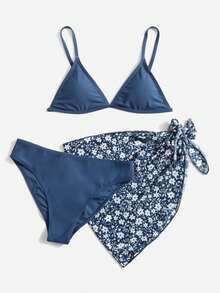 少女 3 件装三角比基尼套装和花卉印花沙滩裙夏季海滩