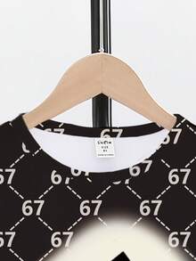 两件套男童休闲时尚创意个性清新高端简约黑色底数字67花卉图案字母标语印花休闲T恤和短裤套装，舒适日常穿着，温暖夏日风格，适合春、夏、秋季，经典两件套 - 彩色 - 查看 3