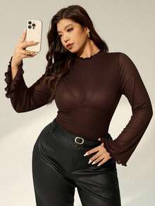 Auralis 黑色弹力缎面长喇叭袖圆领收腰连体衣，适合通勤、办公、派对、音乐节、生日等场合，大码可选。 - 棕色 - 查看 7