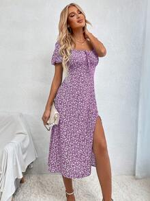 Breezaya Đầm hoa nhí lãng mạn, xẻ tà, thanh lịch, thắt nơ phía trước. - Màu Lilac Tím - Xem 4