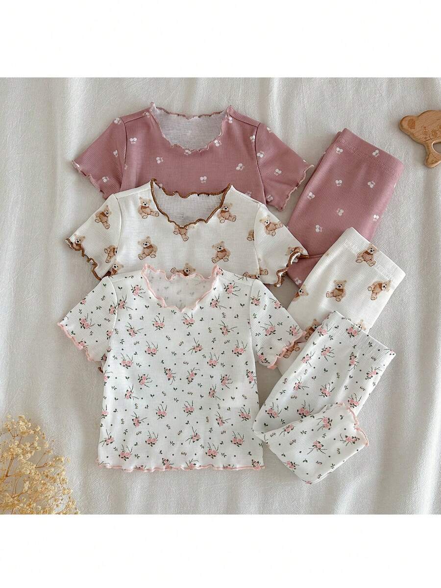 Loomiva 4 buc. Set de pijamale tricotate cu nervuri pentru nou-născuți și fetițe, vară casual, model floral, cu volane, guler rotund, mânecă scurtă, top și pantaloni - Multicolor - Vizualizare 1
