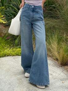 DAZY 女士常规中腰喇叭牛仔裤 - 中等水洗藍 - 查看 2